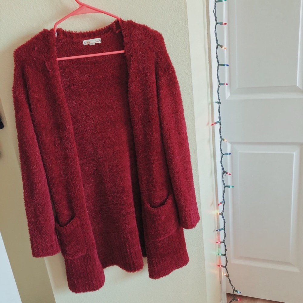 fuzzy red cardigan